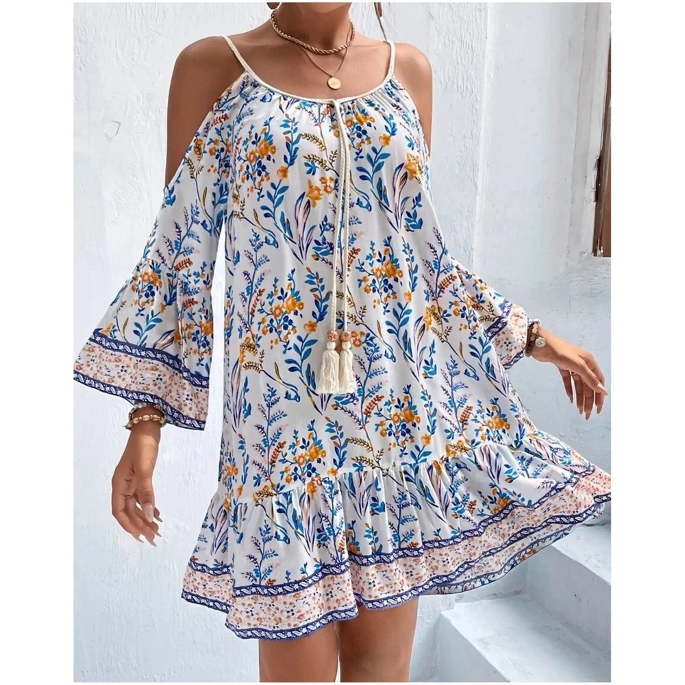 Boho Floral Print Cold Shoulder Mini Dress - Picture 9 of 12